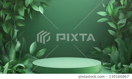 green podium on background with leaves. banner for holidays. Stand for displaying good. 130160867