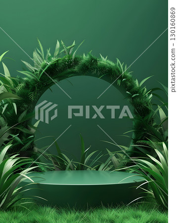 emerald podium on background with leaves. banner for holidays. Stand for displaying good. 130160869