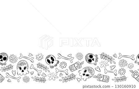 Dia de los Muertos. Border for traditional Mexican celebration dedicated to the memory of the dead. Skull, flowers, bones, guitar, border, frame 130160910