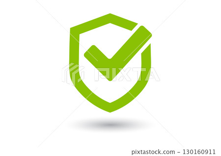 Green shield with a check mark symbol isolated on white background, representing security, safety, protection, trust, and verified approval in a modern flat design. 130160911
