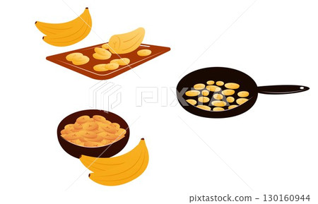 Vector illustration of cooking and serving Tajadas fried banana slices Plantain 130160944