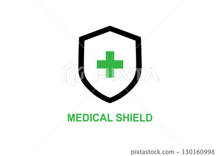 Green medical shield icon, signifying protection and health care. 130160998