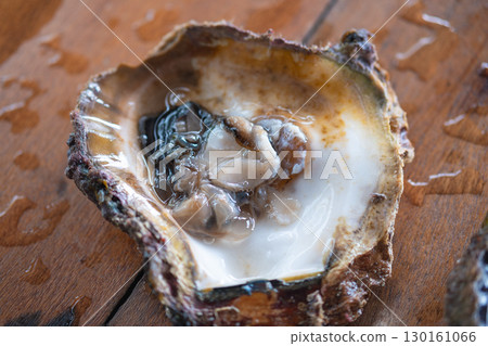 Fresh oyster opened on wooden surface ready to eat seafood Fresh oyster opened on wooden surface ready to eat seafood 130161066