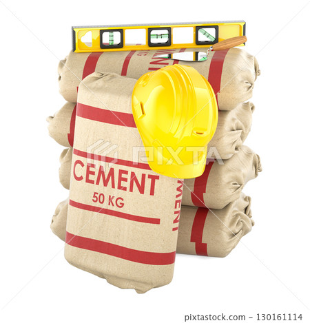 Construction materials and tools. Cement bags, hard hat, level and trowel. 3D rendering Construction materials and tools. Cement bags, hard hat, level and trowel. 3D rendering 130161114