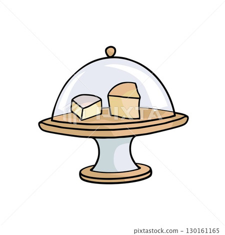 cheese pieces on serving stand under glass lid hand-drawn vector illustration 130161165