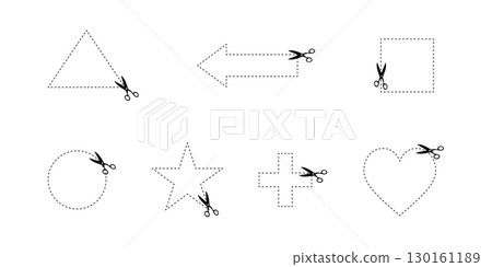 Dotted outline shapes with scissors icons, including triangle, arrow, square, circle, star, cross, and heart, symbolizing cutting templates, crafts, and DIY projects. Dotted outline shapes with scissors icons, including triangle, arrow, square, circle, star, cross, and heart, symbolizing cutting templates, crafts, and DIY projects. 130161189
