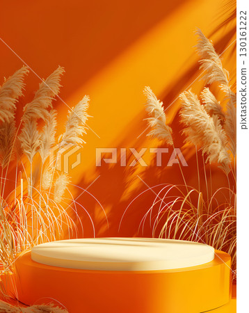 orange podium on background with leaves. banner for holidays. Stand for displaying good. 130161222