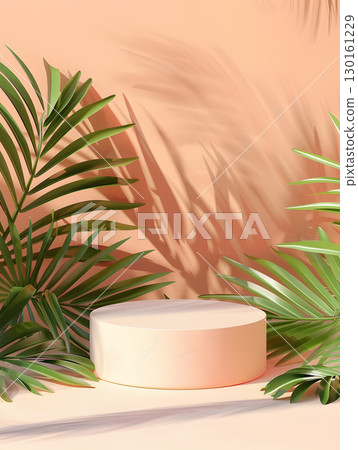 beige podium on background with leaves. banner for holidays. Stand for displaying good. 130161229