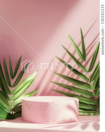 Pink podium on background with leaves. banner for holidays. Stand for displaying good. Pink podium on background with leaves. banner for holidays. Stand for displaying good. 130161233