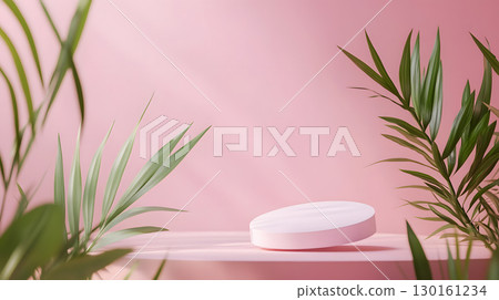 Pink podium on background with leaves. banner for holidays. Stand for displaying good. Pink podium on background with leaves. banner for holidays. Stand for displaying good. 130161234