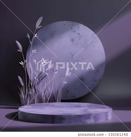 purple podium on background with leaves. banner for holidays. Stand for displaying good. 130161248