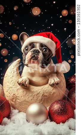 法國鬥牛犬戴著聖誕帽，坐在新月上 130161302