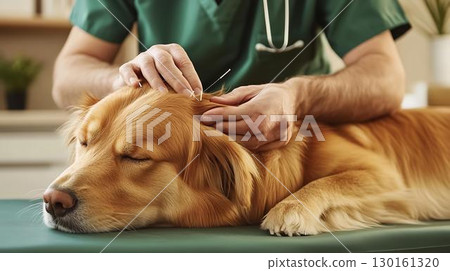 Golden retriever relaxing during acupuncture treatment 130161320