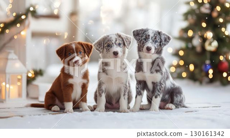 Three puppies lined up in front of the tree for Christmas 130161342