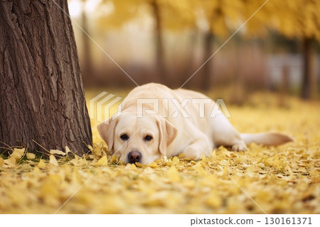 A Labrador lying quietly on a carpet of yellow leaves 130161371