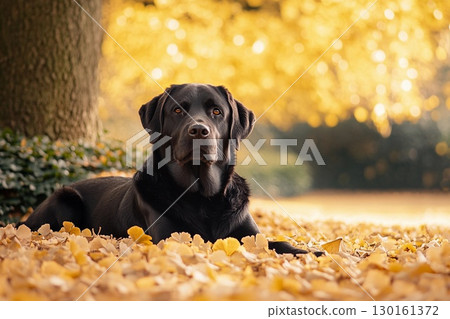 一隻黑色拉布拉多犬坐在金色落葉中凝視著 130161372