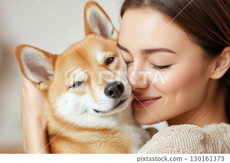 A happy expression of a woman gently hugging a Shiba Inu 130161373