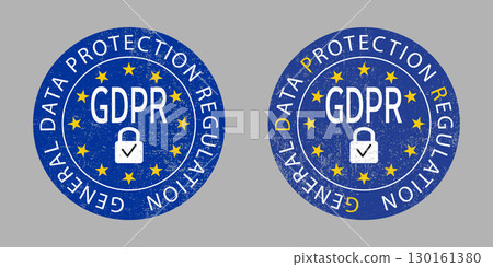Grunge-textured GDPR compliance badges with stars, lock icons, and General Data Protection Regulation text on blue, symbolizing data privacy, EU law, and security approval. 130161380
