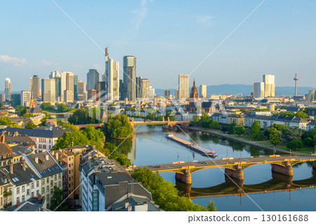Frankfurt am Main Downtown City Skyline and Barge on Sunny Morning. Aerial View 130161688