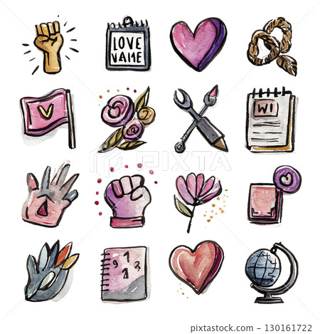 Watercolor illustrations of love, hope, and unity symbols including hearts, flowers, hands, and globes, expressing affection and connection 130161722