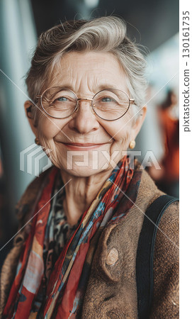 Close up of elderly woman with glasses smiling warmly, wearing colorful scarf and brown jacket, in bright indoor setting with joyful expression Close up of elderly woman with glasses smiling warmly, wearing colorful scarf and brown jacket, in bright indoor setting with joyful expression 130161735
