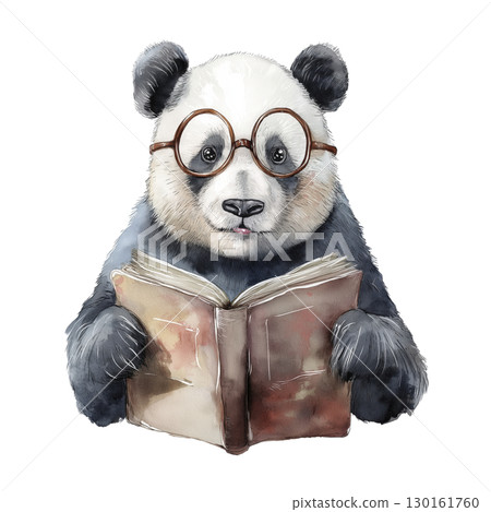 Cute panda bear wearing round glasses, holding open book with curious expression, illustrated in watercolor style 130161760