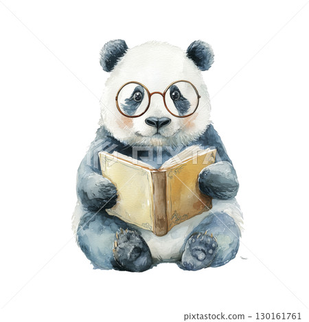 Cute panda bear wearing glasses and reading book, watercolor illustration with soft colors and detailed features, adorable and charming design 130161761
