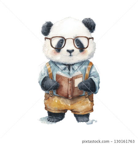 Adorable panda dressed as scholar with glasses, holding book, wearing shirt and suspenders, cute and intelligent look, watercolor illustration 130161763