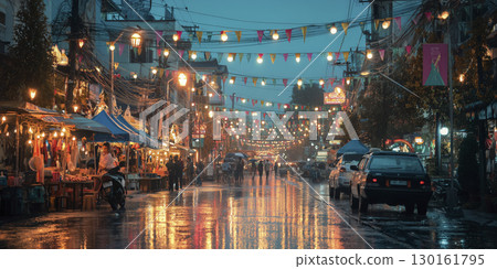 Lively street scene during evening rain with colorful hanging lanterns, market stalls, and reflections on wet pavement creating vibrant atmosphere 130161795
