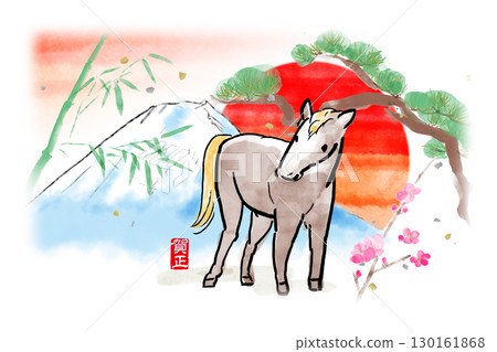 小馬駒日式新年賀卡的水彩插圖 小馬駒日式新年賀卡的水彩插圖 130161868