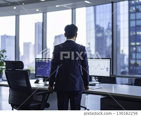 辦公室裡一位日本男士面對電腦的背影 130162256