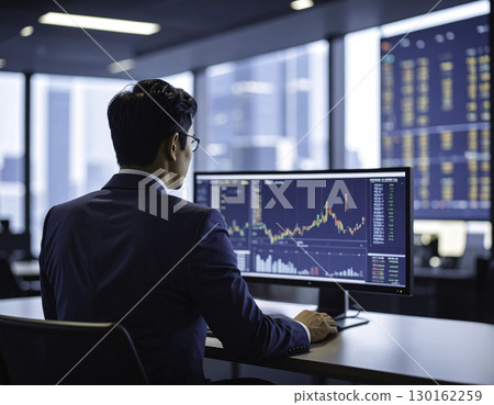 A Japanese man's back view facing a computer in an office A Japanese man's back view facing a computer in an office 130162259