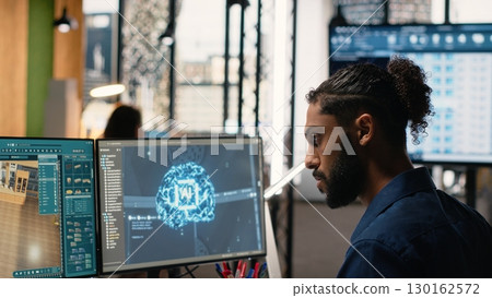 Property developer analyzing real estate projects with AI driven data science, predictive analytics and algorithms to optimize housing layouts or zoning regulations. Master plans. Property developer analyzing real estate projects with AI driven data science, predictive analytics and algorithms to optimize housing layouts or zoning regulations. Master plans. 130162572