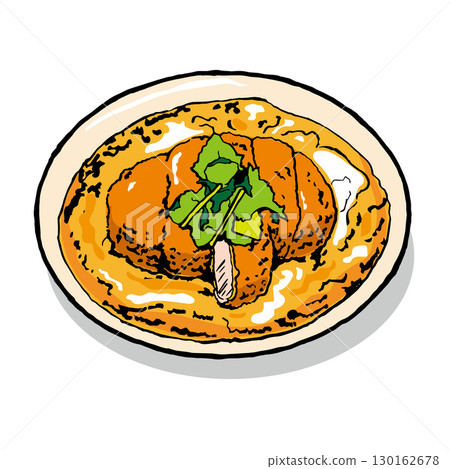 圖:豬排在日式高湯和雞蛋中煮熟,盛放在橢圓形盤子上,配上三葉草 圖:豬排在日式高湯和雞蛋中煮熟,盛放在橢圓形盤子上,配上三葉草 130162678