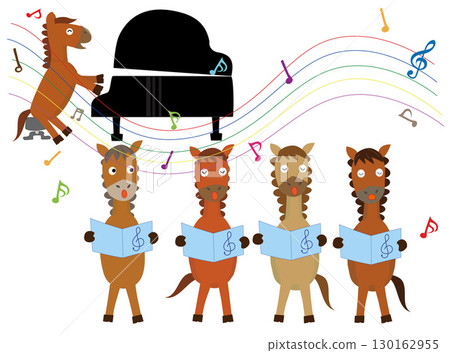Illustration of a New Year's card for 2026. A horse is playing a musical instrument to celebrate the New Year. 130162955