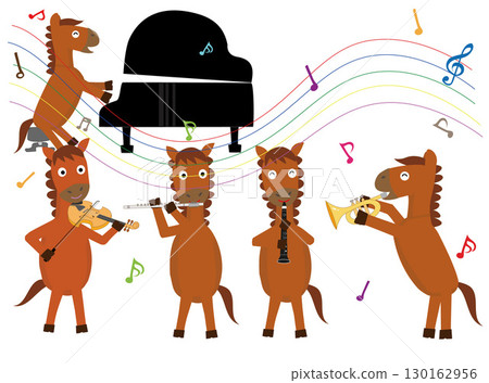 Illustration of a New Year's card for 2026. A horse is playing a musical instrument to celebrate the New Year. 130162956