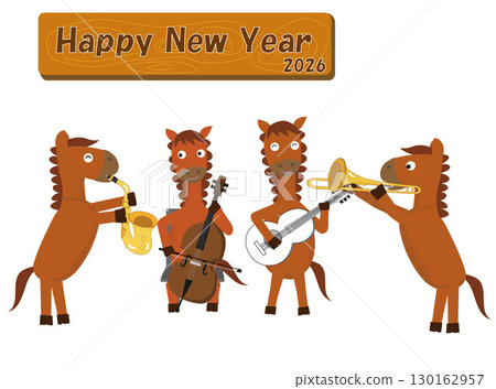 2026 年新年賀卡插圖。一匹馬正在演奏樂器來慶祝新年。 2026 年新年賀卡插圖。一匹馬正在演奏樂器來慶祝新年。 130162957