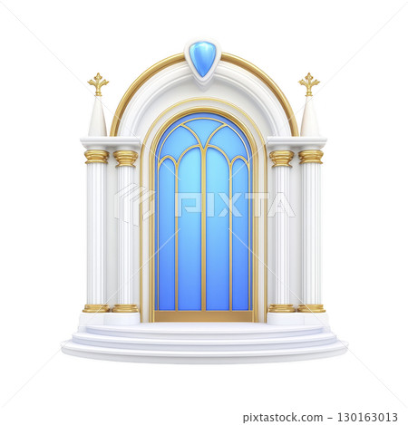 A grand, ornate arched doorway with blue glass and gold accents, flanked by columns and topped with decorative blue gem, exudes elegance and sophistication 130163013