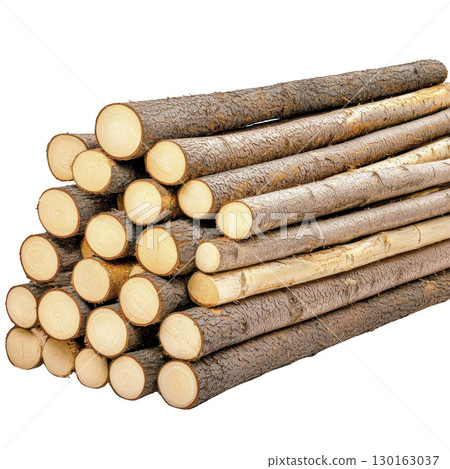 A stack of neatly arranged wooden logs with visible bark and cut ends, showcasing natural textures and patterns. logs are uniform in size, suggesting they are prepared for construction or firewood 130163037