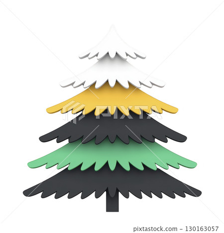 A stylized, colorful Christmas tree illustration features layered branches in white, yellow, black, green, and dark green, creating festive and modern design 130163057