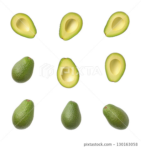 An Avocados arranged in grid pattern on transparency background, showcasing whole and halved views. vibrant green color and smooth texture highlight their freshness and appeal An Avocados arranged in grid pattern on transparency background, showcasing whole and halved views. vibrant green color and smooth texture highlight their freshness and appeal 130163058