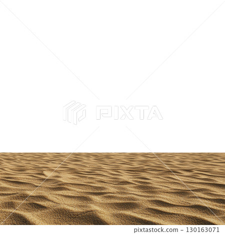 A vast expanse of golden sand stretches across image, creating serene and tranquil desert landscape. texture of sand is highlighted by gentle ripples, evoking sense of calm 130163071