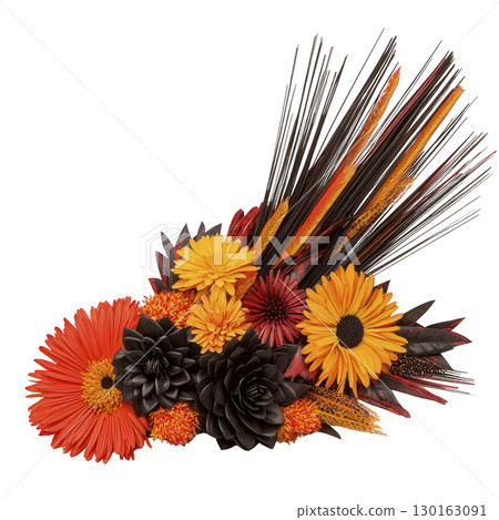 A vibrant arrangement of orange and yellow flowers, including gerbera daisies and chrysanthemums, is accented with dark foliage and decorative spikes, creating striking and dynamic floral display A vibrant arrangement of orange and yellow flowers, including gerbera daisies and chrysanthemums, is accented with dark foliage and decorative spikes, creating striking and dynamic floral display 130163091