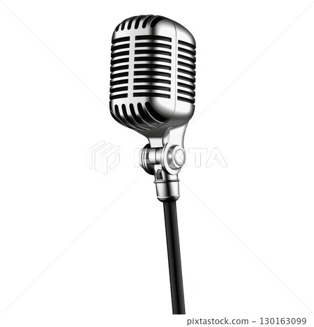 A vintage style silver microphone with classic design, featuring metallic grille and stand, evokes sense of nostalgia and elegance, perfect for retro themed events or performances 130163099