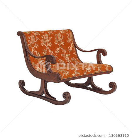 An elegant wooden rocking chair with ornate scroll arms and legs, featuring vibrant orange floral patterned upholstery. classic design exudes vintage charm, perfect for cozy interiors 130163110