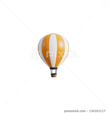 A vibrant orange and white hot air balloon floats against clear sky, showcasing its classic striped pattern. balloon basket is visible, adding to sense of adventure and exploration A vibrant orange and white hot air balloon floats against clear sky, showcasing its classic striped pattern. balloon basket is visible, adding to sense of adventure and exploration 130163117