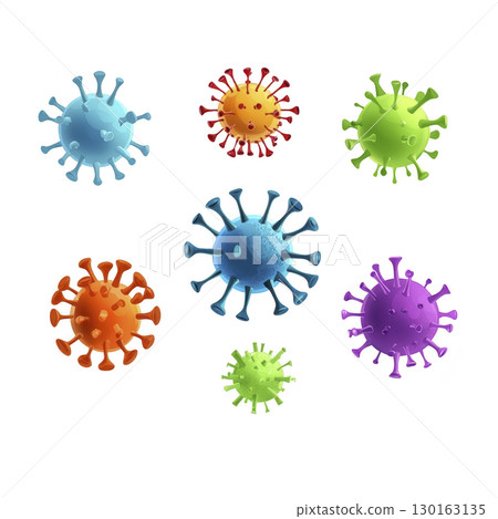A Colorful 3D virus models in various shapes and sizes are displayed against transparency background, showcasing vibrant and educational representation of microscopic organisms 130163135