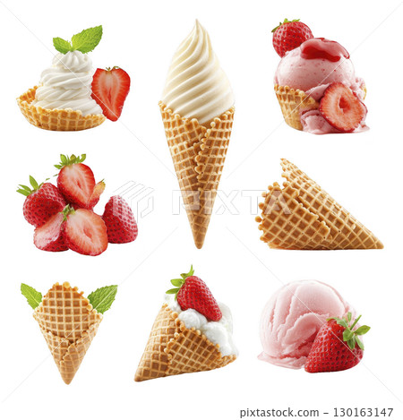 A Delicious assortment of strawberry ice cream and cones with fresh strawberries and mint leaves, showcasing various styles and textures. Perfect for sweet treat A Delicious assortment of strawberry ice cream and cones with fresh strawberries and mint leaves, showcasing various styles and textures. Perfect for sweet treat 130163147