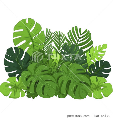A collection of vibrant green tropical leaves, including monstera and palm, creates lush and lively jungle atmosphere. diverse shapes and shades of green add depth and texture 130163170