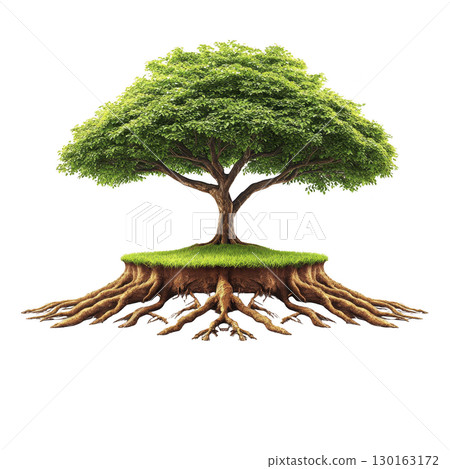 A vibrant tree with lush green leaves and extensive roots is depicted, symbolizing growth and stability. roots are exposed, showcasing tree foundation and connection to earth 130163172
